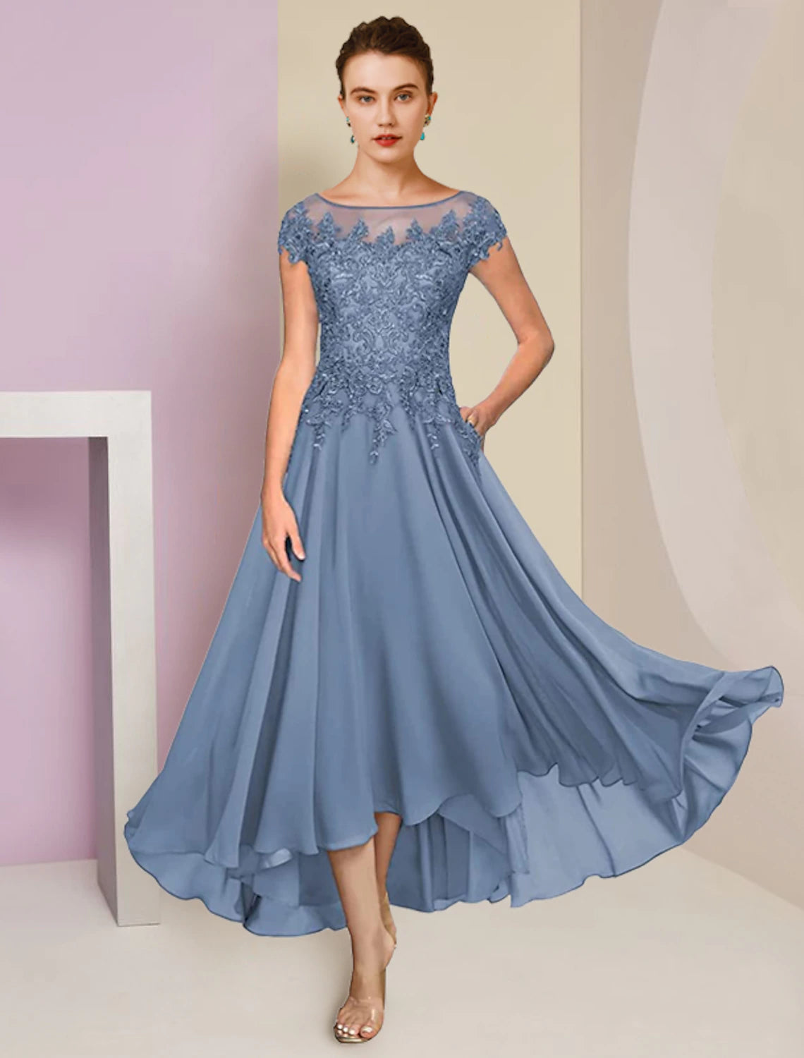 Two Piece A-Line Mother of the Bride Dress Formal Wedding Guest Elegant High Low Scoop Neck Asymmetrical Tea Length Chiffon Lace Short Sleeve Wrap Included with Sequin Appliques 2023